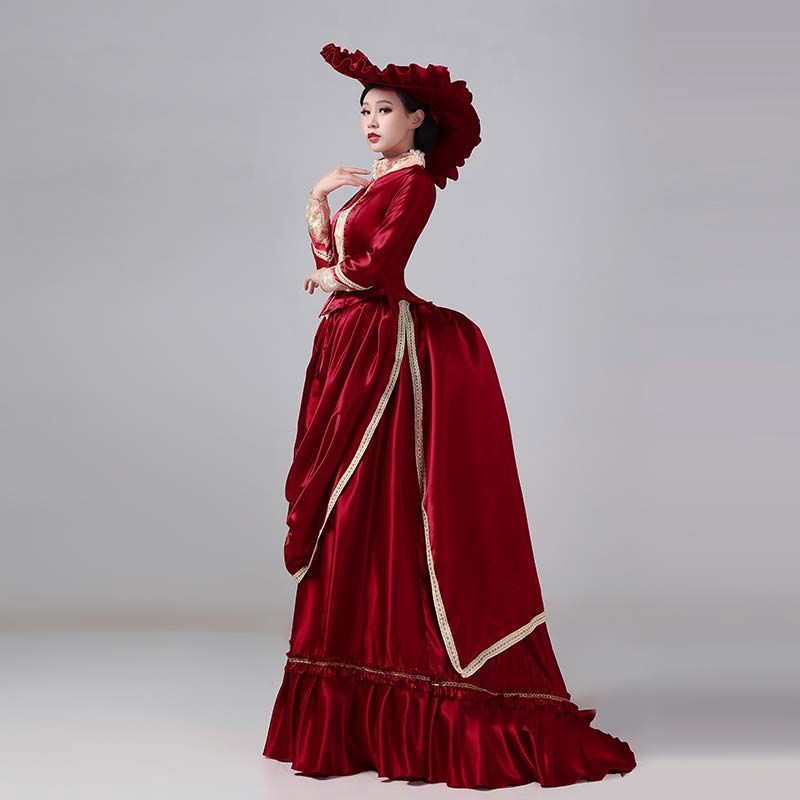 ヨーロッパ風 宮廷ドレス 中世貴族風 ビクトリア時代 ワインレッド 上着+スカート+帽 現代劇演出 撮影用 お姫様ドレス サイズ指定 パニエ追加可 d9492c0c0x0