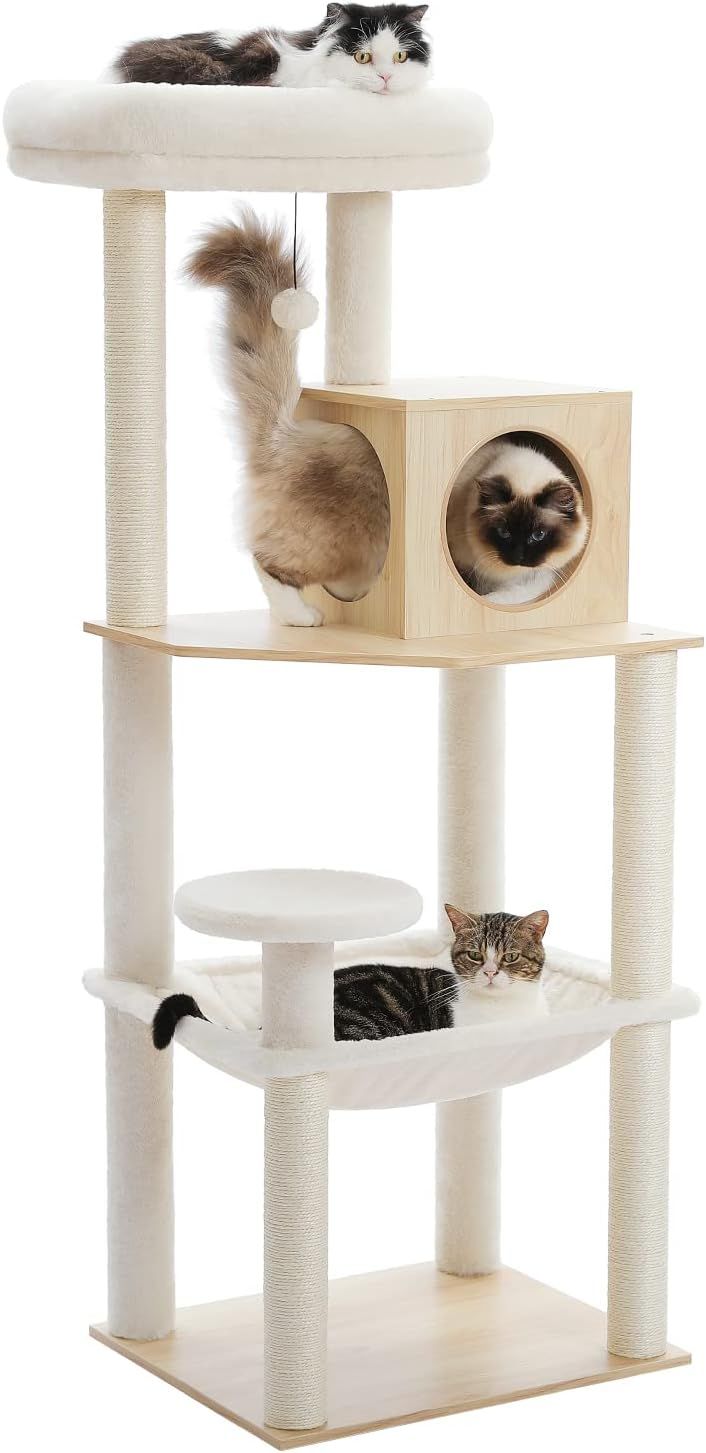 キャットタワー 木製 猫タワー ハンモック 爪とぎ 木目調 スリム 大型猫 据え置き シンプル 省スペース 天然麻紐 見晴台 おしゃれ ねこハウス ねこのおもちゃ 運動不足解消 多頭飼い - ベージュ