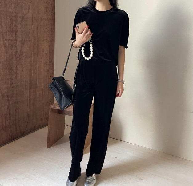 トップス ボトムス パンツ セットアップ ズボン ストレートパンツ 5分袖 五分袖 ラウンドネック ストレート ポケット 上下セット 2点セット かわいい 大人可愛い きれいめ シンプル カジュアル