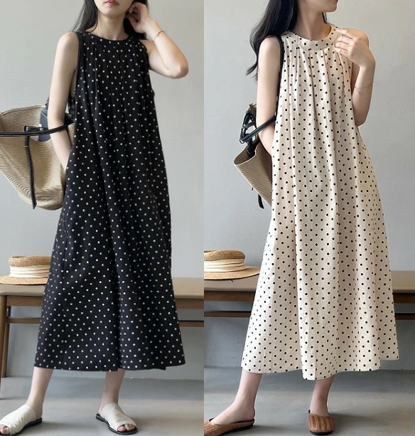 安いロングワンピース ノースリーブワンピース 袖なし ドット柄 水玉 シンプル カジュアル かわいい お出かけ【大きいサイズ レディース 春夏 結婚式 きれいめ タイト フォーマル 大人 チュニック