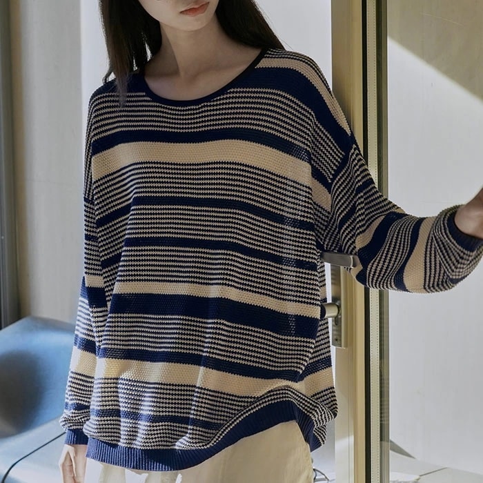 ニット トップス レディース ボーダー セーター 長袖 ニットセーター 春 秋 冬 オーバーサイズ ビッグシルエット 丸首 カジュアル 大きいサイズ 着痩せ 可愛い 韓国ファッション おしゃれ カジュ
