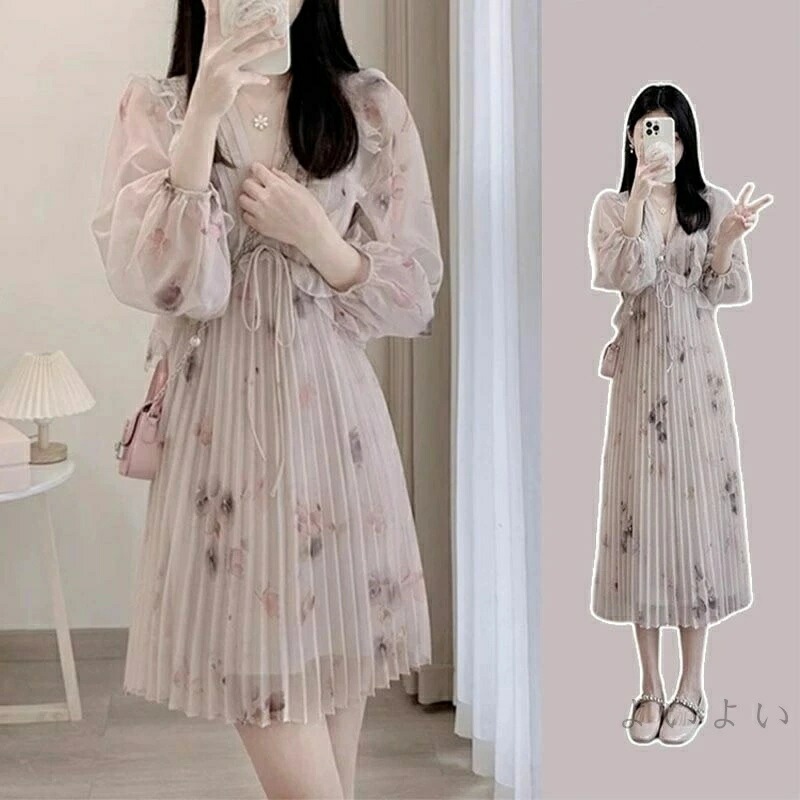 【コスパ最高】ロングワンピース レディースで花柄 Aライン プリーツワンピース ロング丈 長袖 ゆったり マキシ丈 体型カバー きれいめ 着痩せ 大きいサイズ M L XL XXL 2XL 3XL春