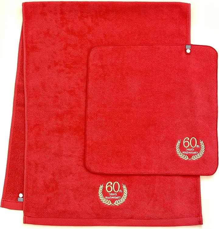還暦祝い 今治タオル フェイスタオル ハンドタオル セット 刺繍 60歳 ギフト 誕生日祝い プレゼント 男性 女性 綿100％ 日本製(レッド, ミディアム)