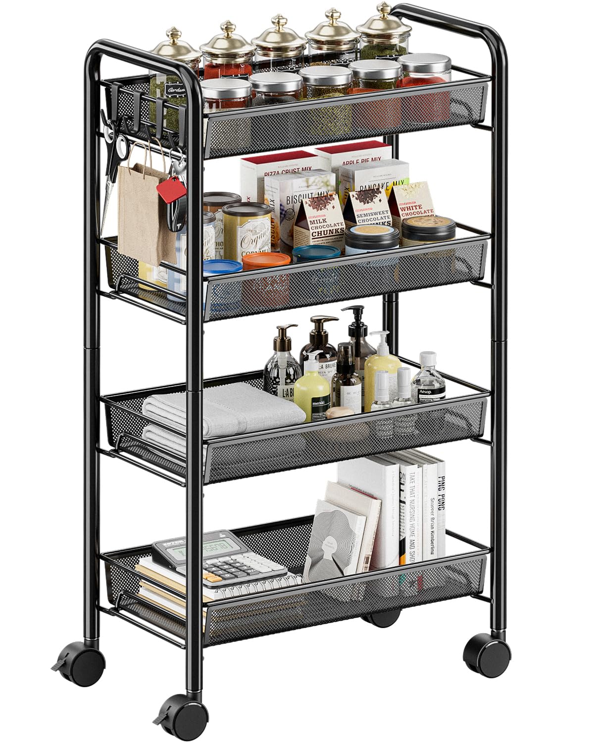 EKNITEY キッチンワゴン ワゴン キャスター付き 4段 キッチン棚 隙間収納 多機能 キッチン 洗面所 浴室用 洗濯機 幅26.5×奥行45.5×高さ84.5cm ブラック