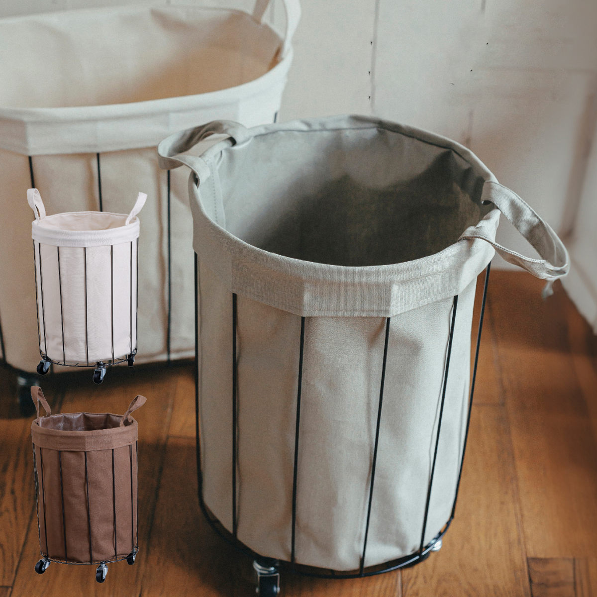 バスケット ワイヤーファブリック ラウンドカート キャスター付き かご 直径34cm 高さ47cm 収納 カゴ ワイヤーバスケット 収納バスケット 洗濯物入れ ワゴン 衣類 おもちゃ 脱衣かご