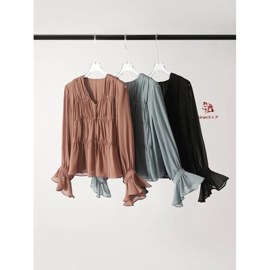 ブラウス 長袖 シフォン ブラウス フリル レディース 春 夏 シャツ トップス 長袖 Vネック セレモニー フォーマル 大きいサイズ バルーン袖 キレイめ オフィス