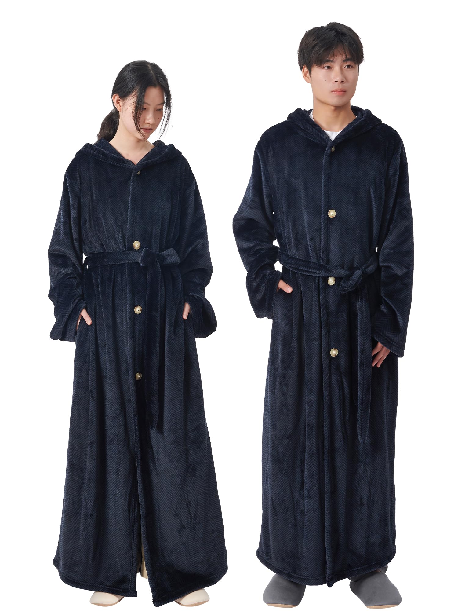 ATOKAZO 着る毛布 ルームウェア Rサイズ 男女兼用 あったか 着るブランケット 部屋着 パジャマ 腰ベルト・ポケット・フード付き ボタン付き フランネル なめらかな肌触り ふわふわ 吸湿発熱