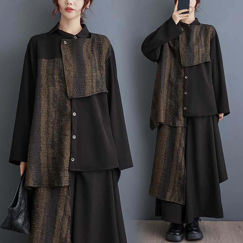 セットアップ 二点セット 長袖 シャツ ブラウス 垂れ感 色切り替え 感 コントラストカラー 綿麻 イレギュラー ワイドパンツ ストレート ゆったり 気質 カジュアル 百掛け 着やせ