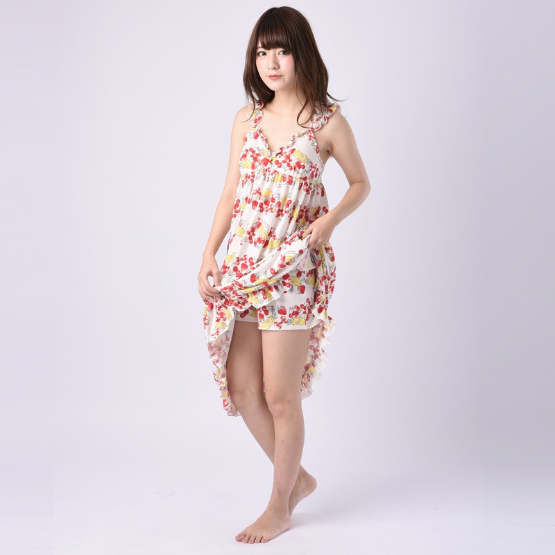 SAZAC(サザック) フルーツボーダーキティワンピース アイボリー M 【 ファッション レディース 部屋着 パジャマ ワンピース サンリオ ルームウェア 寝巻き 大人用 寝間着 キャラクター 女性