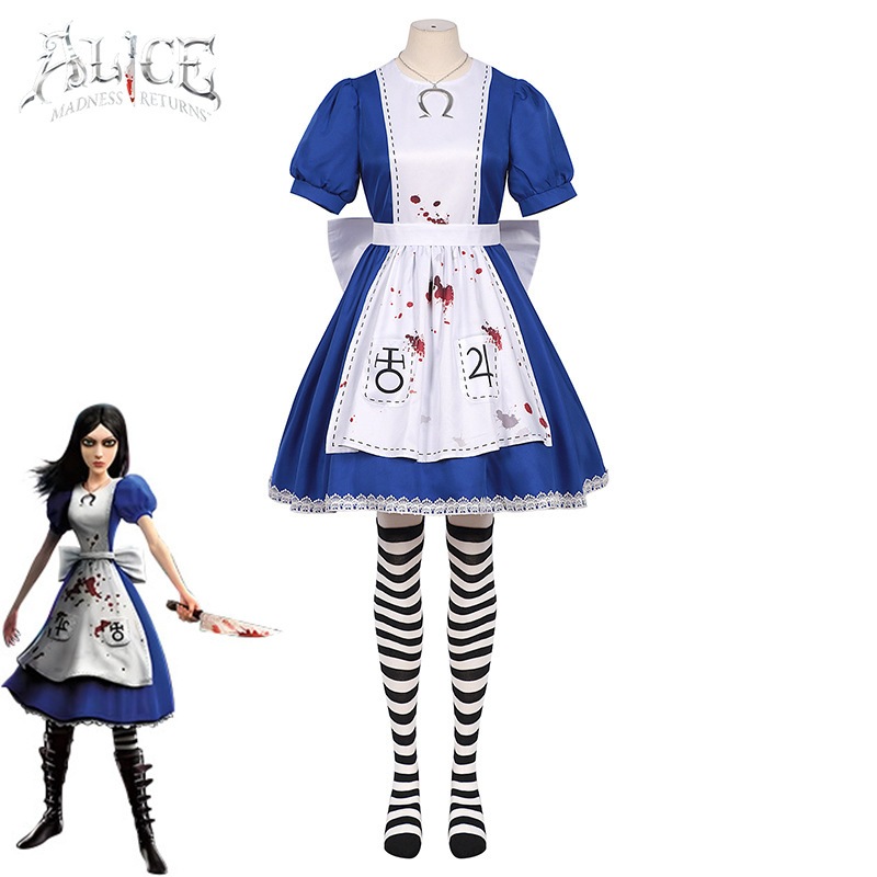 アリスクレイジーに戻るcos衣類ブルーメイド服アリスドレスフルコスプレ服の女性