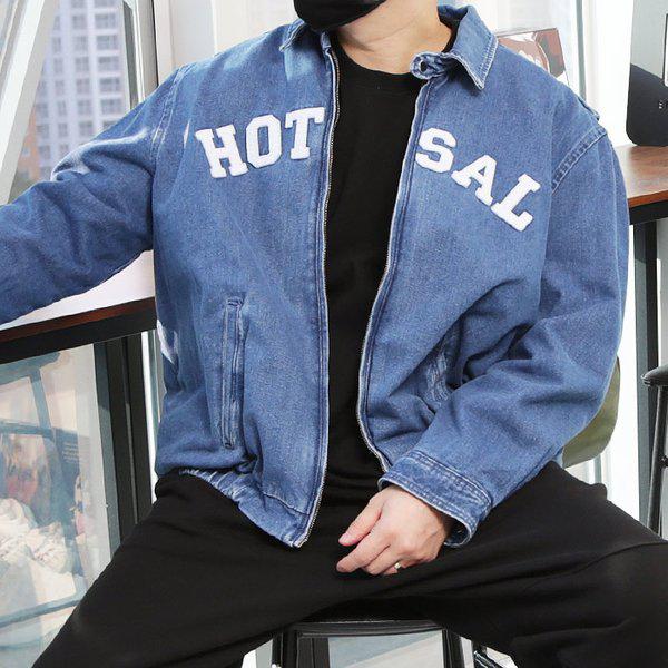 WBH メンズ ビッグサイズ レタリング パッチ デニム ジャンパー