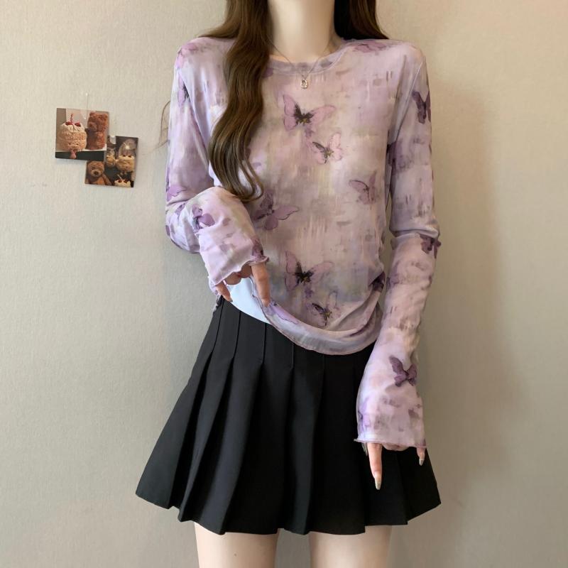 トップス レディース 長袖 タイダイ 染め 蝶 大きいサイズ 日焼け止め プリント Tシャツ 春秋 薄手 韓国 おしゃれ シースルー パープル 4,836円