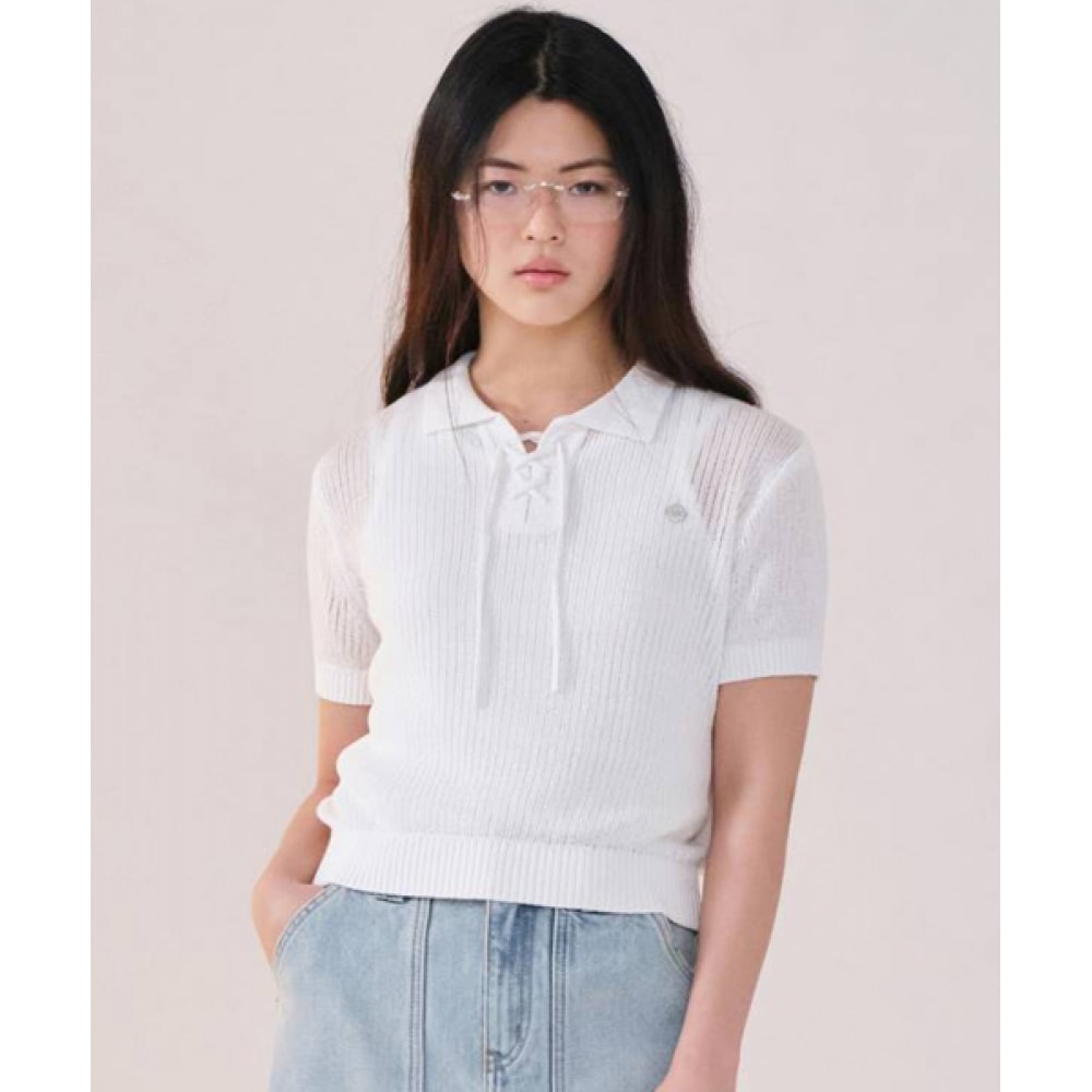 COVERNAT 女性用首輪レースアップクロスハーフニットアイボリー