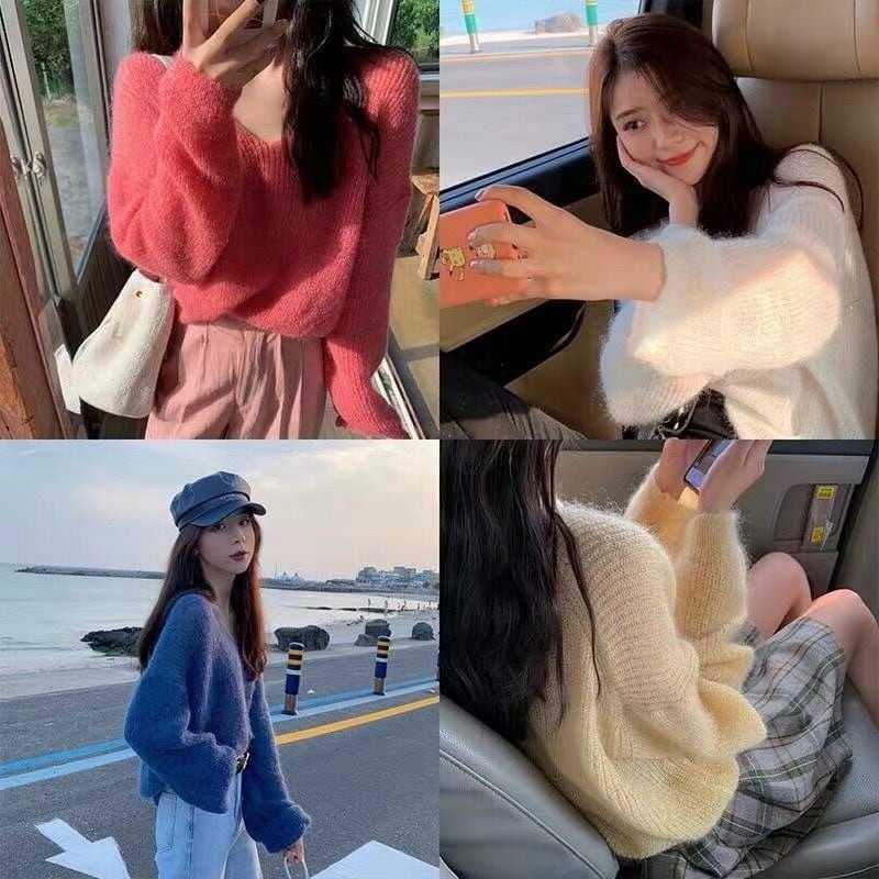 トップス ニットソー セーター ジャケット 袖あり 長袖 ボリューム袖 Vネック ワイド かわいい 大人可愛い シンプル カジュアル おしゃれ かっこいい マニッシュ 無地 春 秋 冬 10代 20代