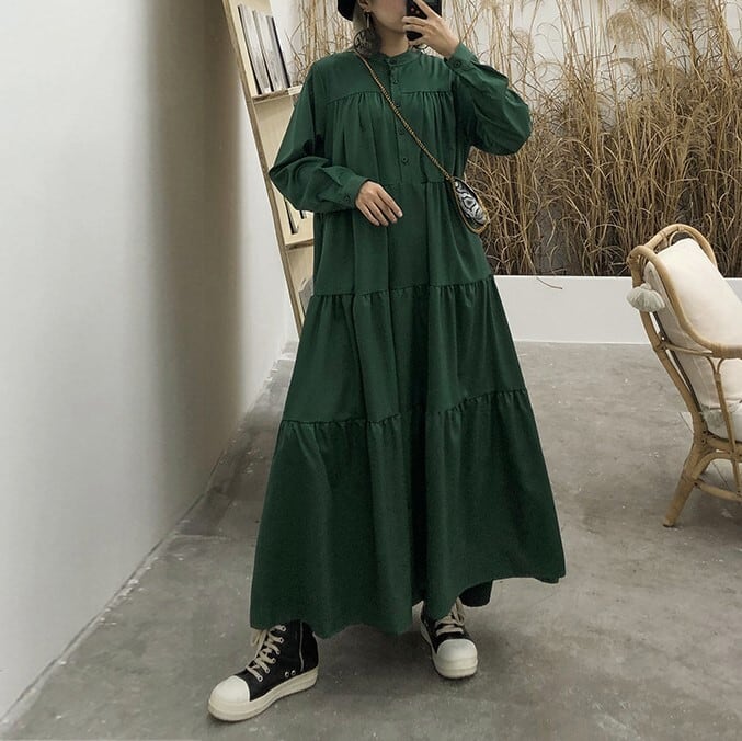 ワンピース ティアード フレア Aライン シャツワンピ スタンドカラー ゆったり 無地 ボリューム ルーズ かわいい 大人可愛い きれいめ シンプル カジュアル 大人 上品 おしゃれ お洒落 lone