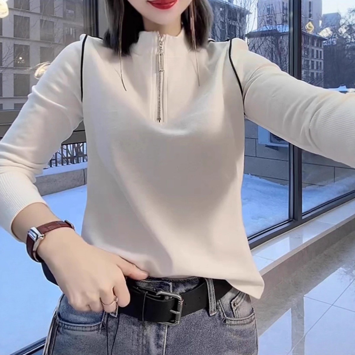 2025 Autumn White Half Open Collar Long Sleeve T-Shirt Women s Solid Color High-Quality Fashion Temp