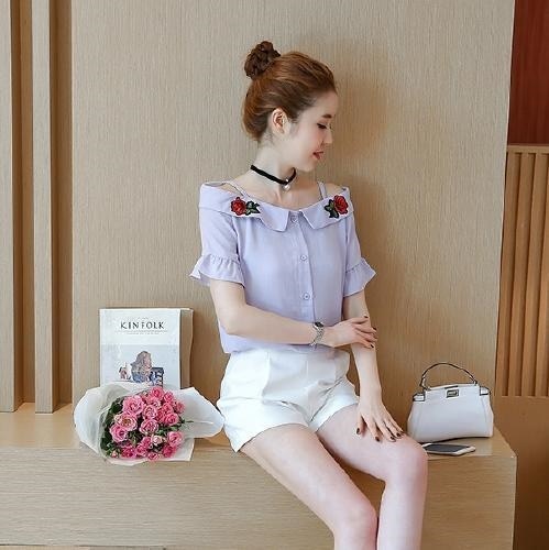 2236.花柄刺繍 フリル トップス(ブルー)