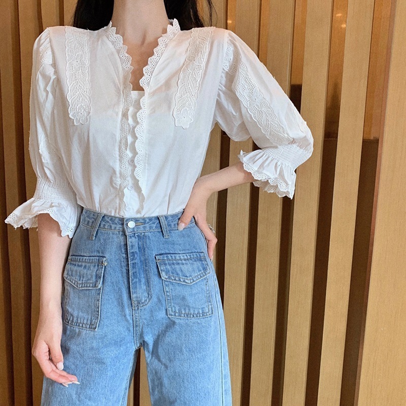 スタンドフリルブラウス レディース トップス ブラウス 袖あり 7分袖 七分袖 ボリューム袖 襟付き スタンドカラー レース フリル 前開き 薄手 かわいい 大人可愛い シンプル カジュアル 大人 上 5,502円