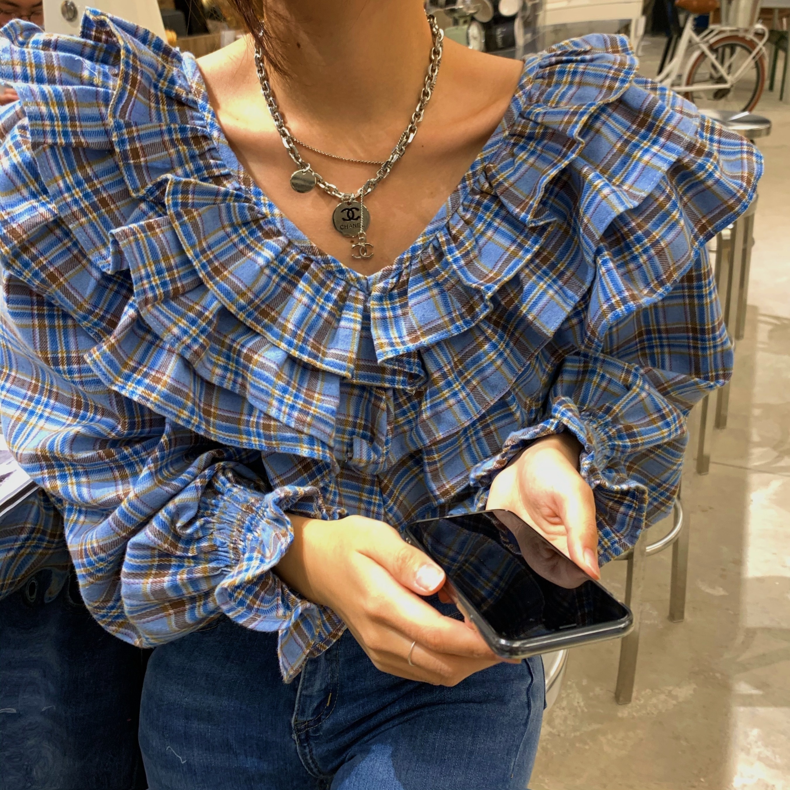 トップス ブラウス レディース 夏 春 秋 かわいい 長袖 長袖 ボリューム袖 フリル袖 Vネック 襟付き 大きな襟 ２重襟 フレア 青 ブルー 春カラー S M L かわいい カジュアル おしゃれ