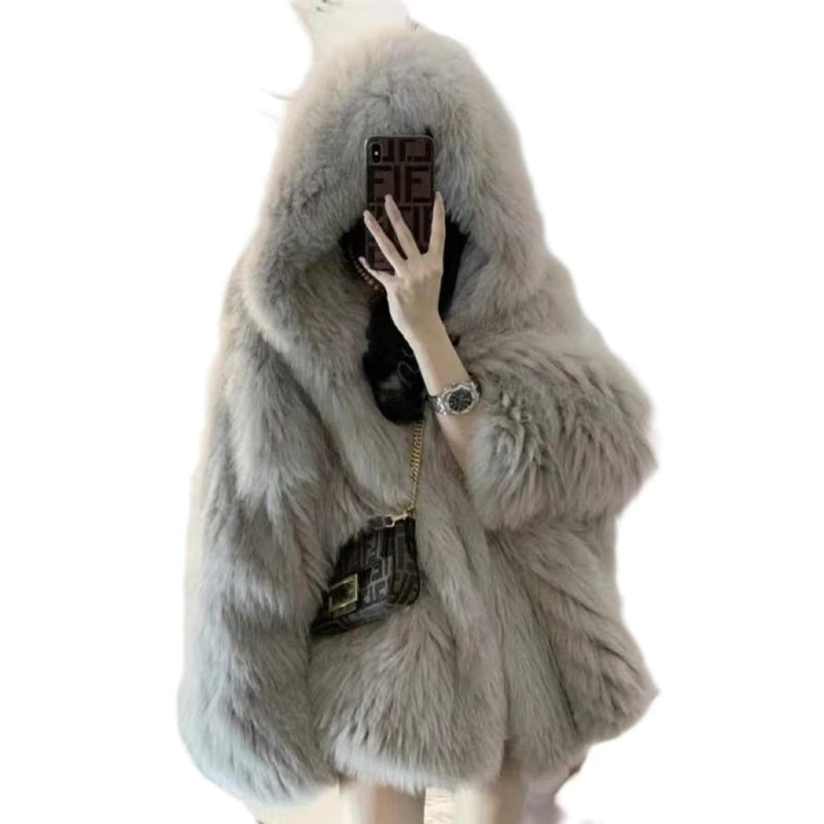 秋冬 韓版 新しい イミテーション 毛皮 ins ネットレッド フード付き ミドル丈 ファーカラー レディース アウター