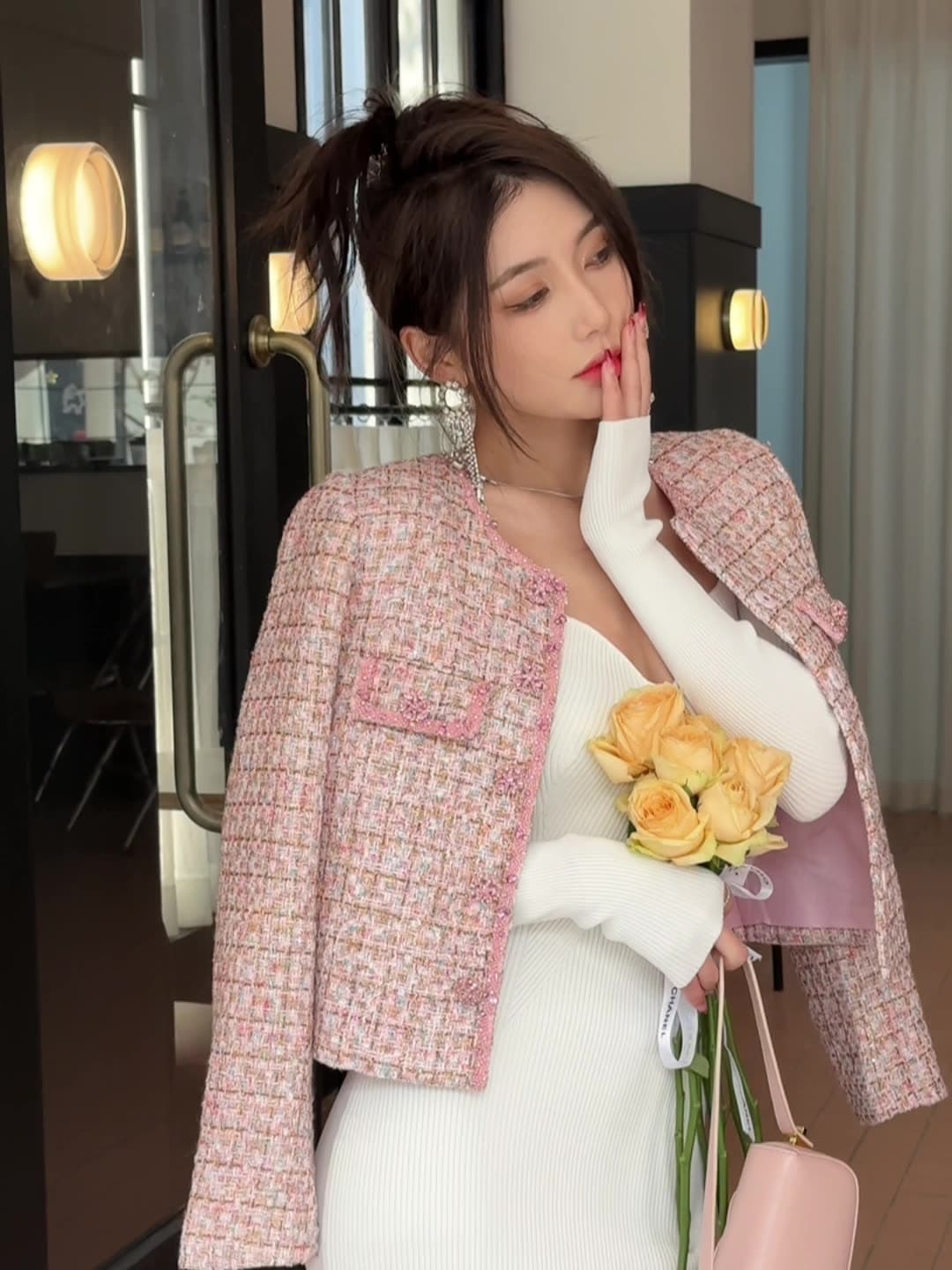 ピンクツイードショート丈小香風千金クルーネックコート開叉Uネックセレブワンピースセット2点セット