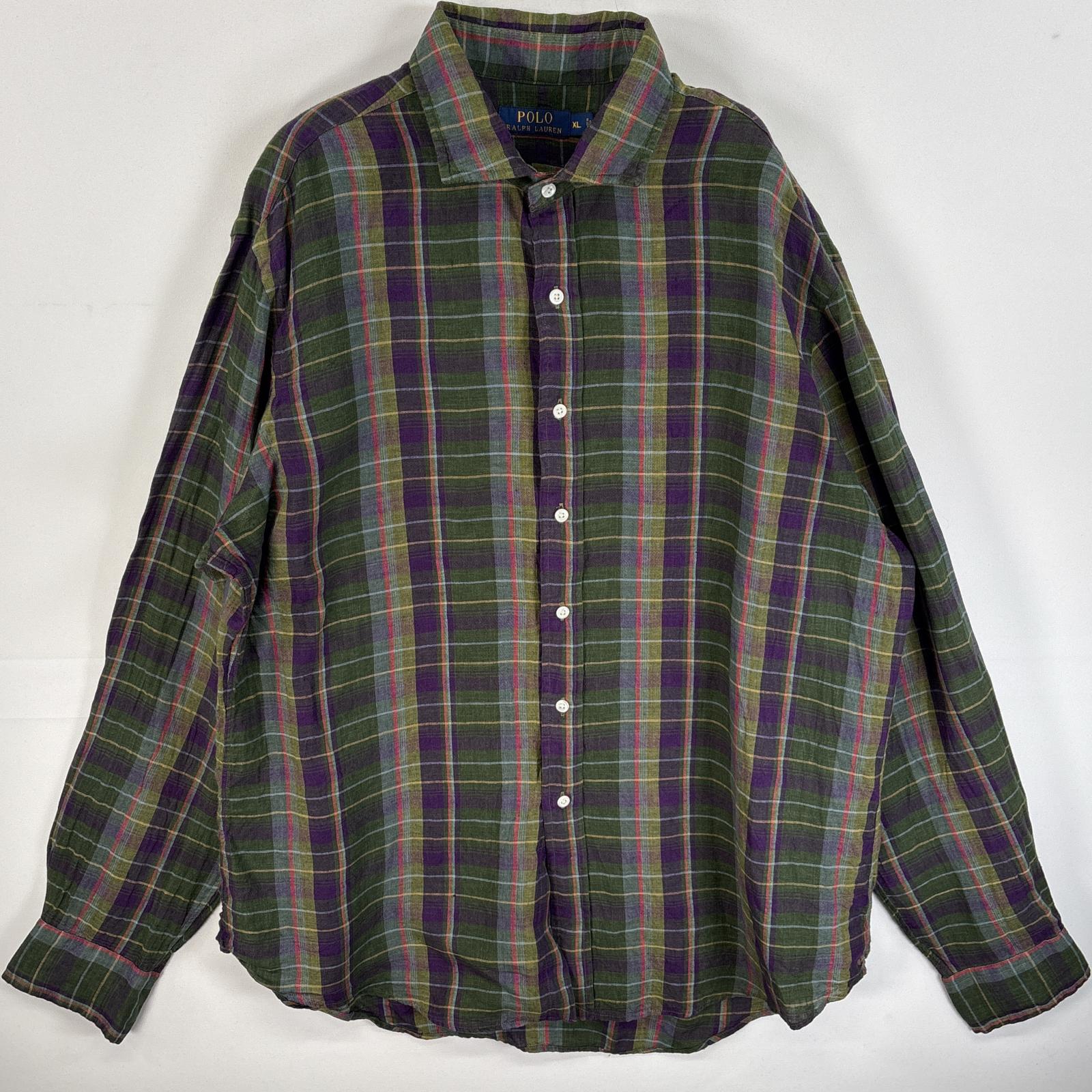 古着 長袖シャツ リネンシャツ チェック 大きいサイズ XL グリーン系 マルチカラー メンズ