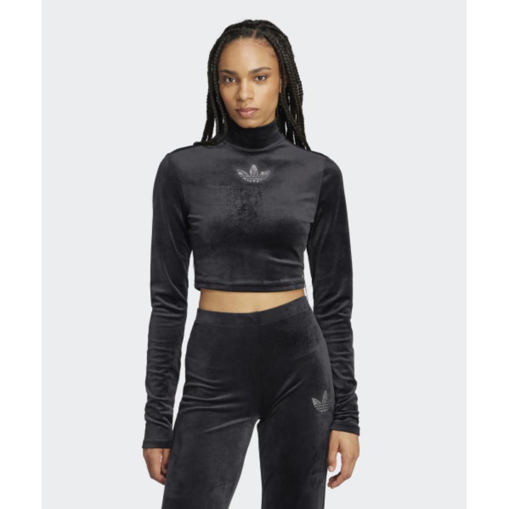adidas Rhinestone Velvet Long Sleeve Crop Top in Black I