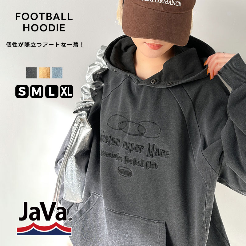 javaジャバコラボ トップス パーカー レディース ヴィンテージ 風 フットボール デザイン ピグメント オーバーサイズ フーディー 長袖 男女兼用 ユニセックス メンズ 大きいサイズ