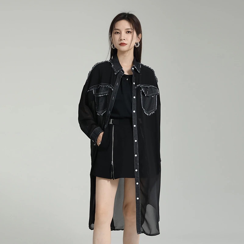 シアーシャツ薄いシフォンのロングシャツ長袖の日焼け止め紫外線対策UVカット30%制限