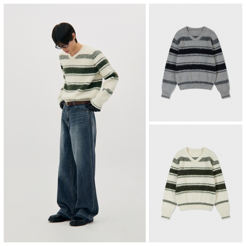 【LOW CLASSIC】 STRIPED FUZZY SWEATER : 2COLORS