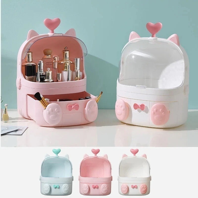 化粧品収納ボックス猫耳ハートオーガナイザー寮デスクトップ防塵棚猫型防塵防水大容量収納きちんとした収納福袋