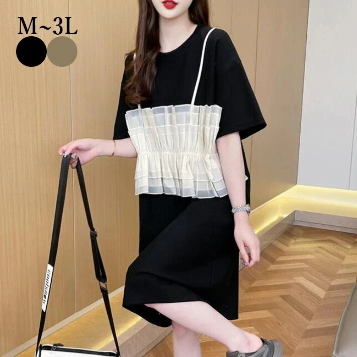 【20点セット】【送料無料】Tシャツ　ワンピース　シースルー　コットン　切替　レース　ロングTシャツ ワンピ　半袖　膝丈　ミディアム　大きいサイズ　かわいい　夏　 M　L　2L　3L