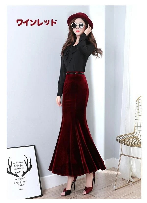 スカートロングスカートシンプル 秋 マキシ丈 ロング丈 着心地抜群 レース タイト マーメイドスカート 春 冬 美脚ライン 着痩せ きれいめ ブラック ベルベット スカートレディース ワインレ マーメ