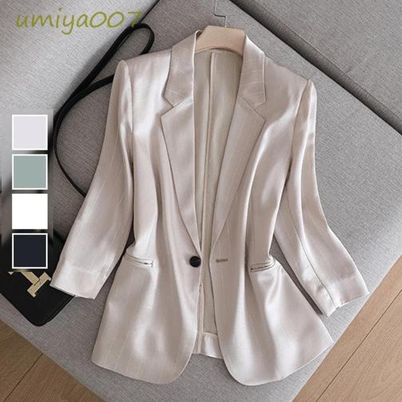 【急速出荷 2025年新作】新作 テーラードジャケット レディース サテン風 長袖 ライトアウター ストライプ フォーマル スーツ 夏秋 トップス オフィス 通勤 OL ビジネス