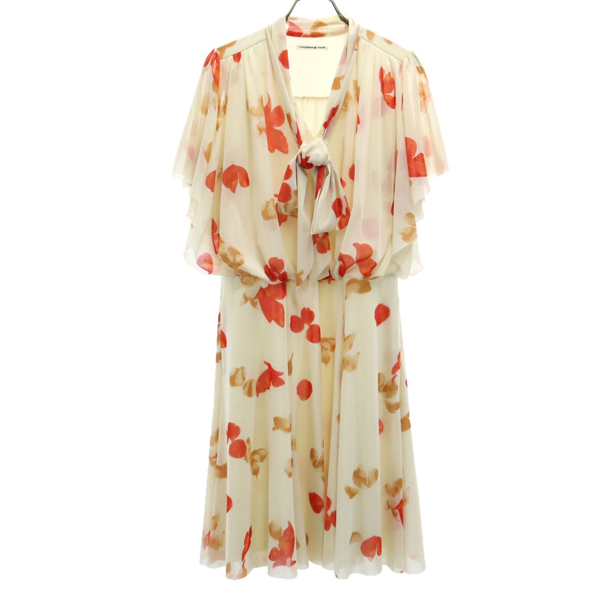 日本製 総柄 半袖 シフォン フレア ワンピース ベージュ系 レディース 古着 6,360円