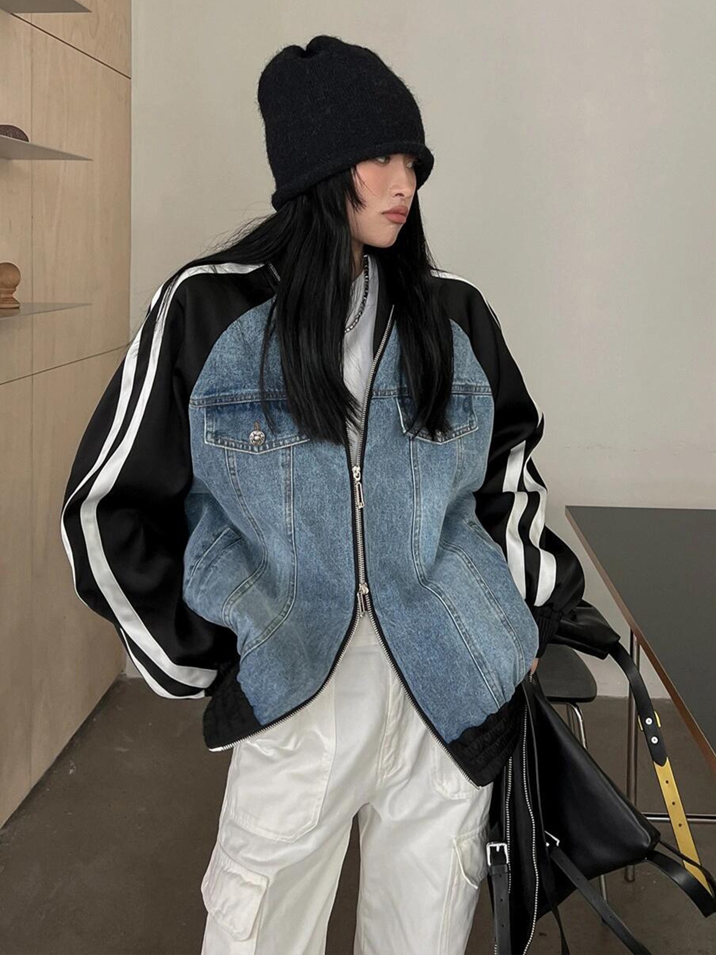 デニム×ジャージ ブルゾン 異素材MIXブルゾン デニムジャケット ブルゾン ジャケット ゆったり おしゃれ ユニセックス 春秋 アウター 長袖ジャケット レトロ ルーズ ノーカラー a3215
