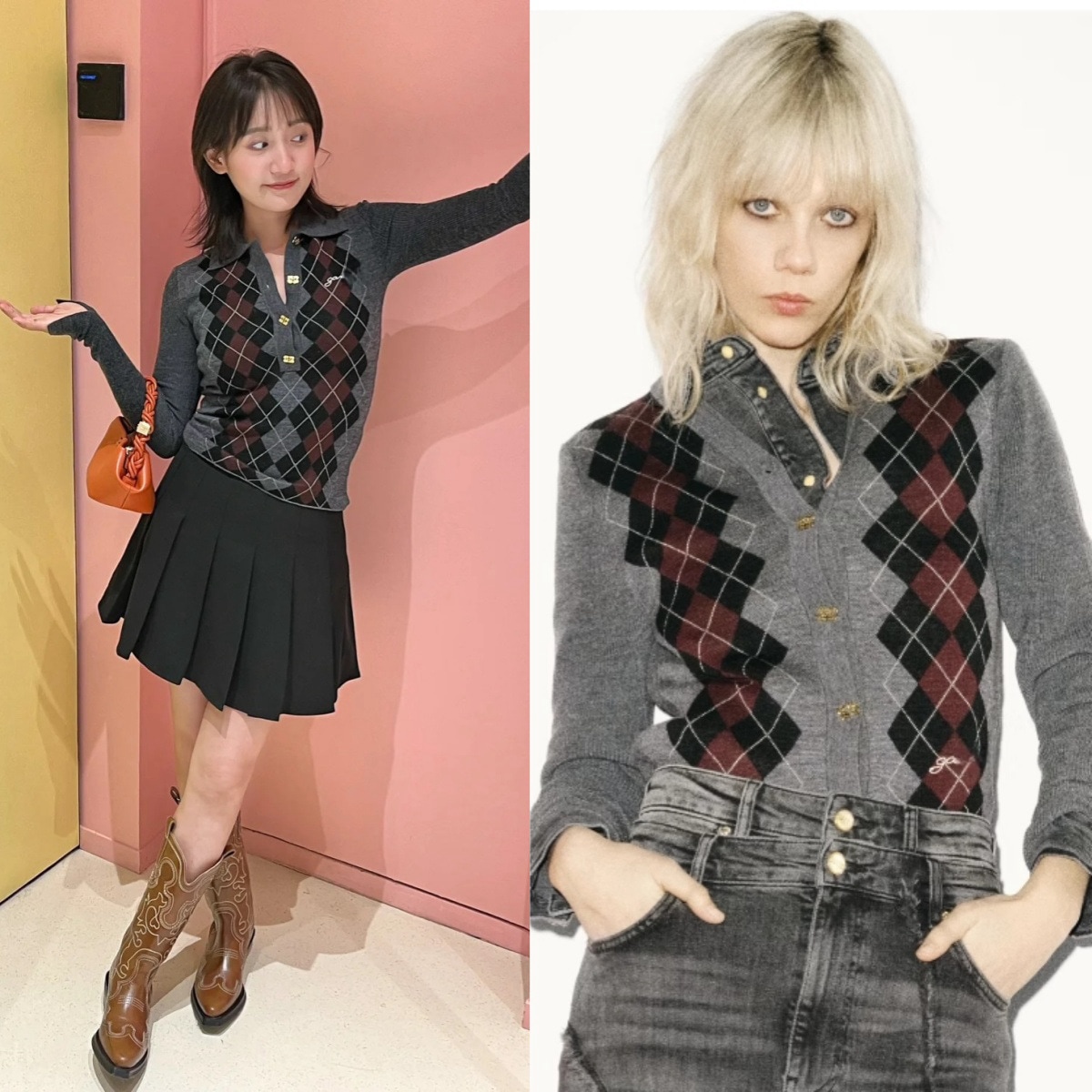 Ju Jing~Yi の新しい GA 文字刺繍 V ネック ニット ストレッチ ダイヤモンド パターン ポロカラー セーター カーディガン ジャケット