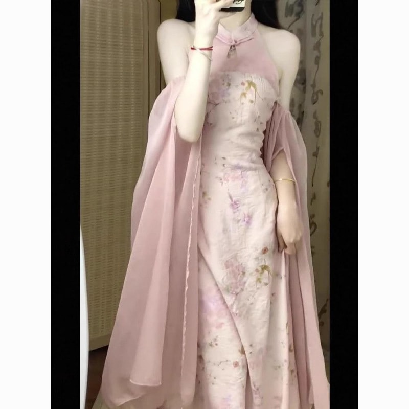 新しい風改良チャイナドレス婚約ドレススタイル女性春と夏ためピンクホルターネックドレス
