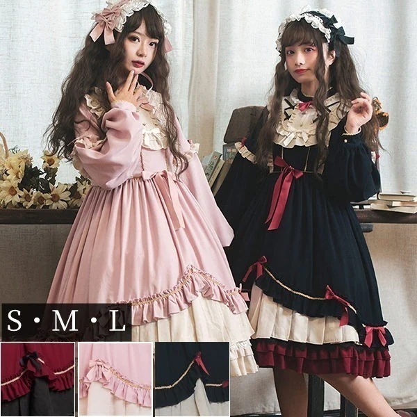 ワンピース レディース 甘ロリ 姫ロリ クラロリ ピンクロリ ロリィタ ロリータ Aライン 半袖 長袖 アンティーク クラシカル クリスマス ローマンカラー フリル リボン コスチューム 衣装 かわい