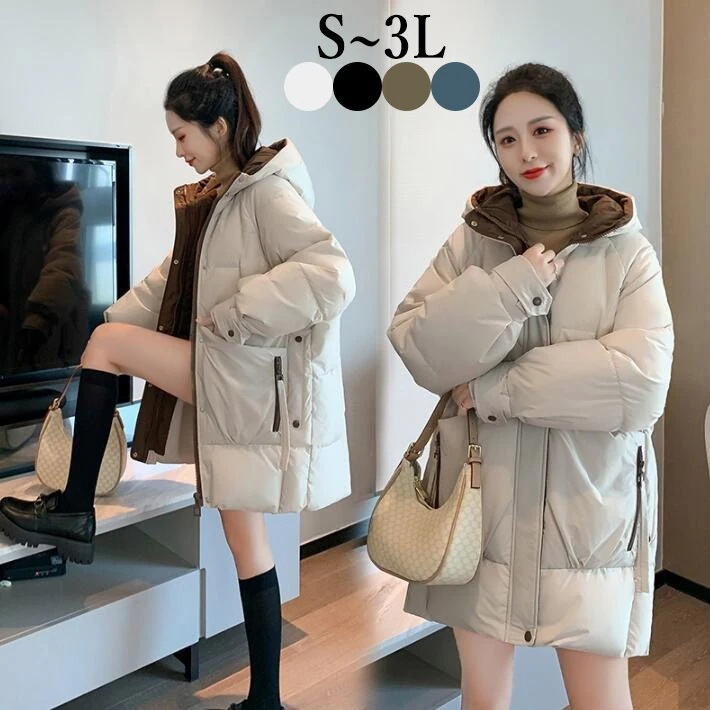 中綿コート ダウンコート　ベンチコート　ジャケット　 コート　防寒　ミディアム　膝丈　ロング フード付き 大きいサイズ　オーバーサイズ　温かい　厚手　軽量　冬　M L LL 3L今日は30パーセント