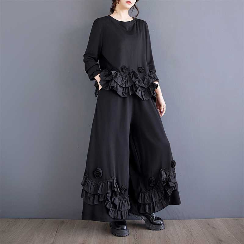 「ファットガール」 2024秋新品 上下セット 花フリル ドッキング ブラウス+ワイドパンツ 大きいサイズ 体型カバー レディース セットアップ メガ割 4,941円