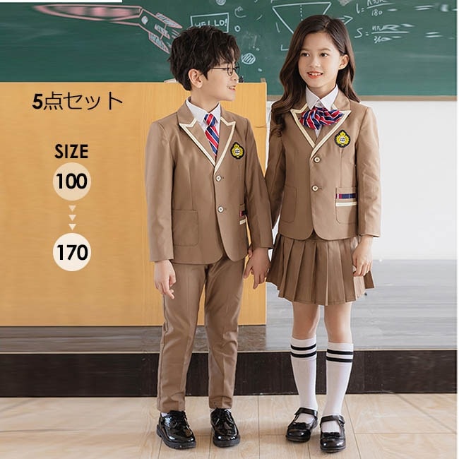 【新作】フォーマルスーツ キッズ 男の子 女の子 卒園 入学 男児スーツ 5点セット セットアップ スーツ ブラウン 100 110 120 130 140 150 160 170 七五三 入卒業式
