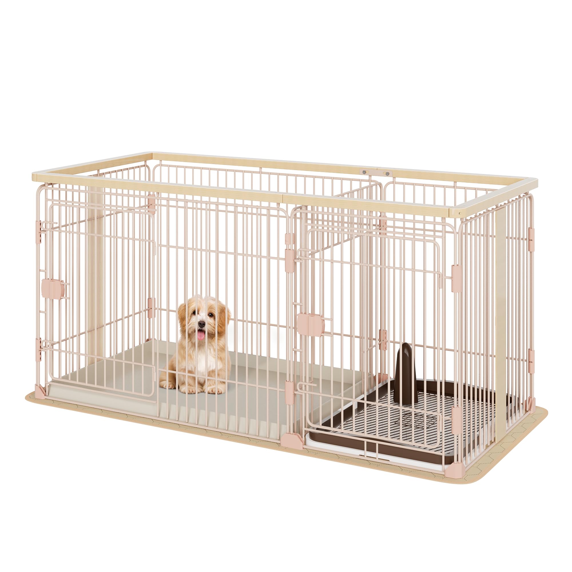 Petnniko 犬 ケージ ペットケージ 犬サークル 幅146×奥行68×高さ70cm 小中大型犬用 木製 室内 トイレ付き マット付き 屋根付き トイレトレーニング出来る 仕切 組立簡単 掃除しや