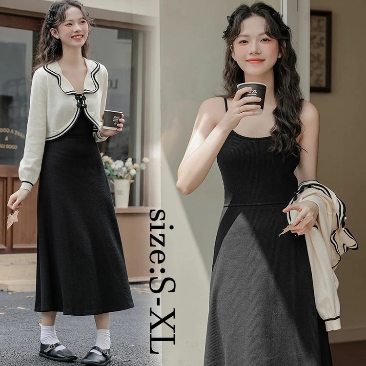 レディース ファッション ワンピースセット オシャレ セットアップ カーディガン+キャミワンピース 長袖カーディガン 着痩せ セクシー 春秋 復古風 通勤 40代 30代 50代 無地 ワンピース き