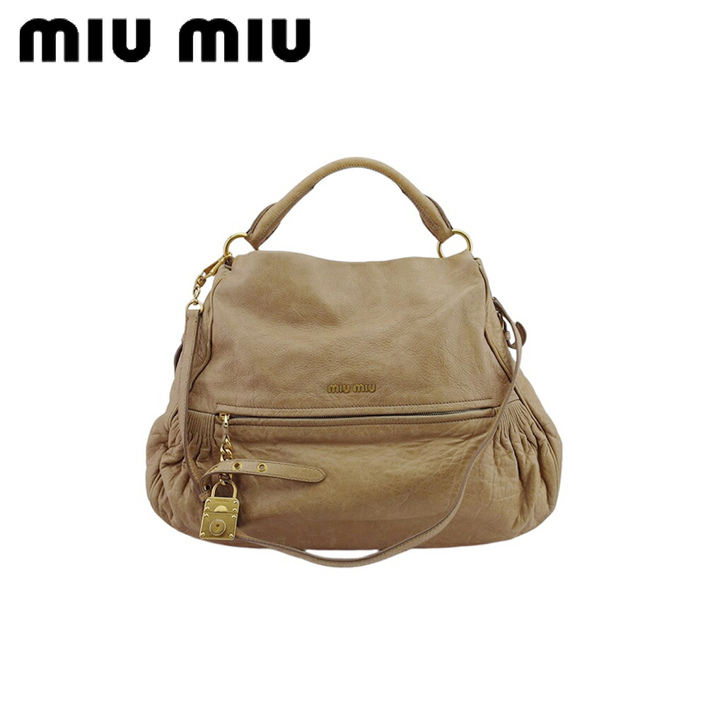 【中古】 ミュウミュウ 2WAY ショルダーバッグ ハンド バッグ レディース カデナチャーム付き ギャザー ベージュ ゴールド レザー miu miu T22289