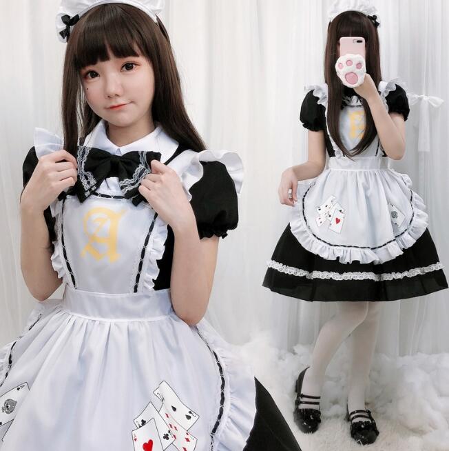 迅速な出荷 コスプレ メイド服 ゴシック ゴスロリ ロリータワンピース レディース ハロウィン コスプレ衣装 仮装 変装 半袖ワンピース エプロン 蝶リボン カチューシャ フリル レース 柄入 膝丈