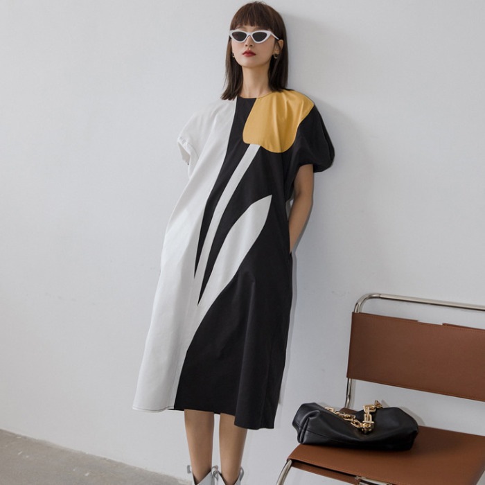 韓国ファッションサテンワンピースミニセクシー夏服レディース半袖トップスブラウス着痩せ黒白ドレス