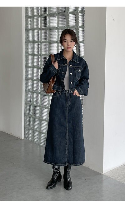 韓国ファッション デニムジャケット スプリット コート ギャザリング 2点セット ロングスカート 人気沸騰ブラドン 2022新作モデル