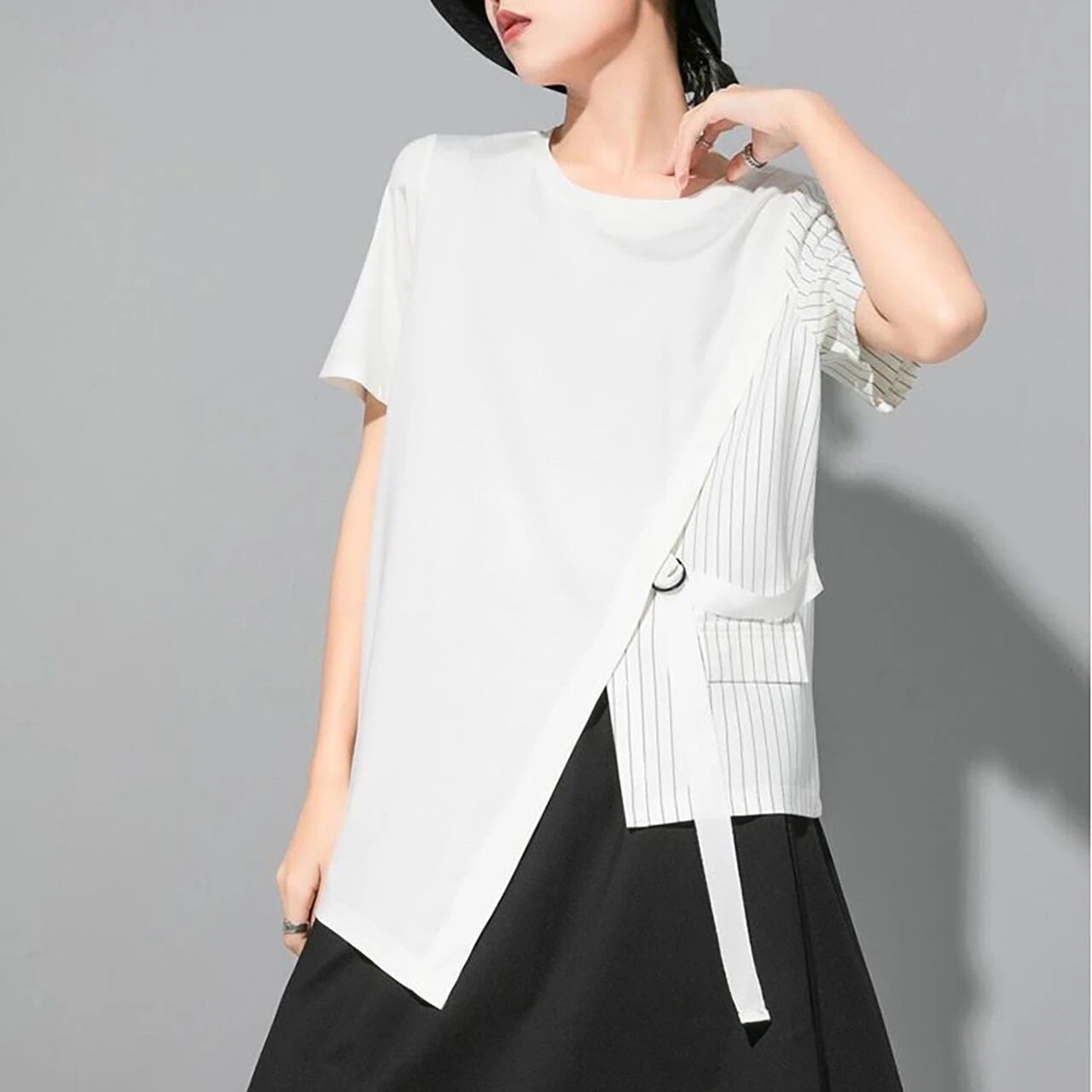 トップス Tシャツ オーバーサイズ ラウンドネック l 半袖 アシンメトリー 切り替え 個性的 無地 ストライプ ゆったり 大きいサイズ ルーズ 大人可愛い カジュアル フェミニン シンプ