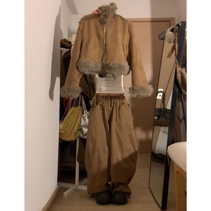 レディース 秋冬 レトロスタイル 厚手 ファー裏地 ショートファージャケット＆ハイウエスト ワイドレッグパンツ ツーピースセット 7,776円